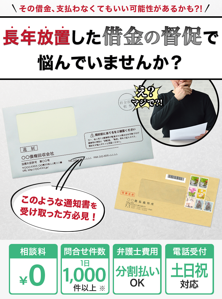身に覚えのない借金の督促で
					悩んでいませんか？ その借金、支払わなくていい可能性があるかも?!